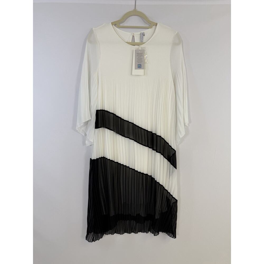 Pianurastudio Women's White Black Plisse Midi Dress 3/4 Sleeve Modest Sz 42 NWT